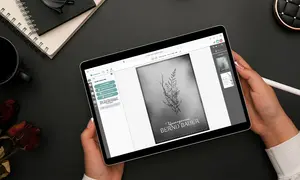 Trauerkarte, Einladungskarte, Sterbebilder, Dankeskarte online gestalten, Motiv Tablet mit Trauerkarte, graue Farbe und schwarzer Blütenzweig